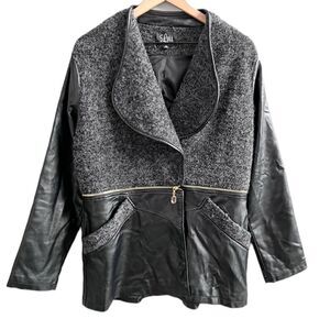 Luii Faux Leather Jacket Zipper Convertible Coat Black and Grey Boucle Size XL